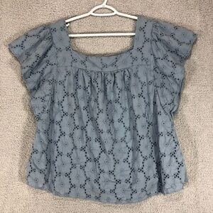 Lane Bryant Eyelet Blouse Size 18/20 Blue Flutter Sleeve Cotton Boho